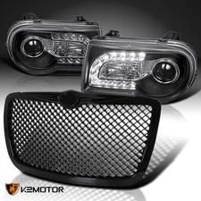 Fits 2005-2010 Chrysler 300C Black LED DRL Projector Headlights+Mesh Hood Grille
