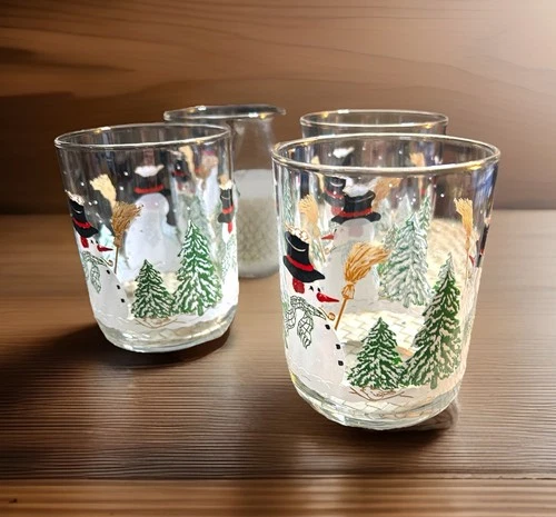 VTG Libbey Glasses/Lowball Snowmen in Forest Christmas Holiday Design SET OF 4