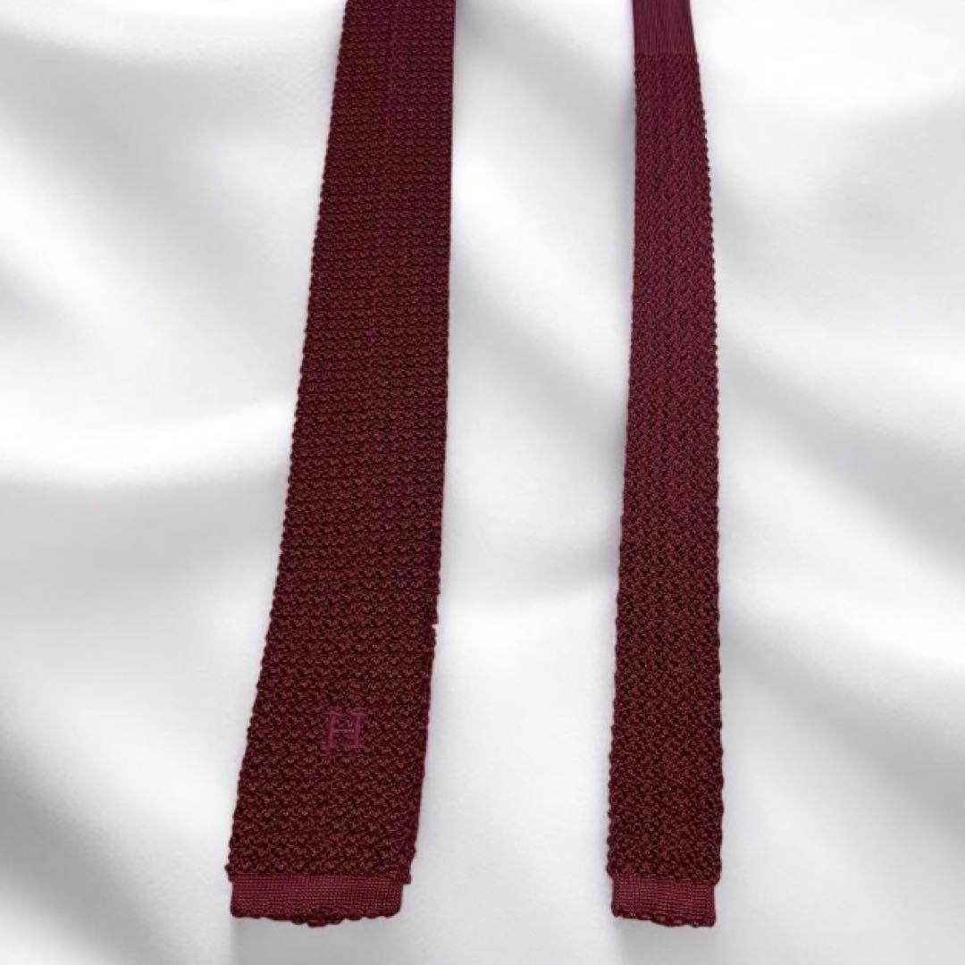 Hermes Red Knit Tie Solid H Pattern Men's Necktie Used