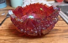 VINTAGE ~ RED CARNIVAL CUT GLASS ~ PINWHEEL STAR SAW TOOTH SCALLOP EDGED BOWL
