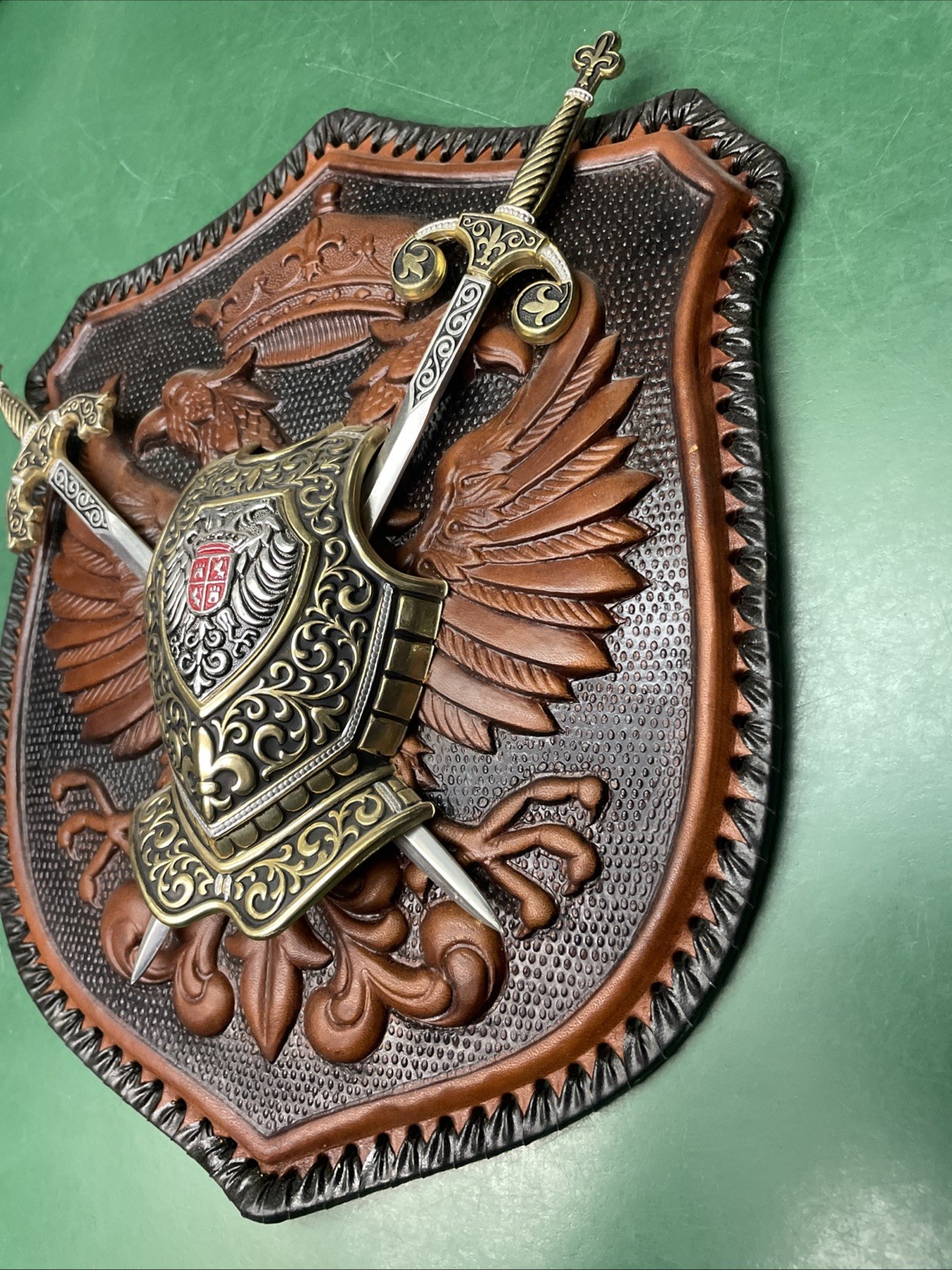 Vintage Armor And Swords Shield Coat Of Arms On Leather Scroll W/ Eagle - Spain