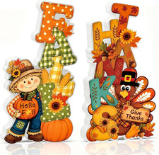 Fall Thanksgiving Table Decor 2 PCS Wooden Fall Scarecrow Turkey Decor