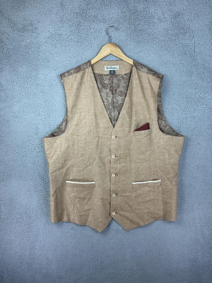 Silversilk Vest Mens 2XL Tan Beige Linen Blend Paisley Lined 5-Button Back Strap - Image 2 of 4
