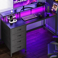 47 Inch Gaming Desk Computer Table w/ Power Outlets & LED Lights Monitor Stand