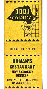 OAKLYN, NJ 1950'S- HOMAN'S RESTAURANT, WHITE HORSE PIKE NEW JERSEY MATCH COVER