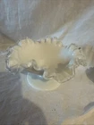 Vintage Fenton Crest Ruffled Edge Milk Glass Pedestal Bowl MCM 8”