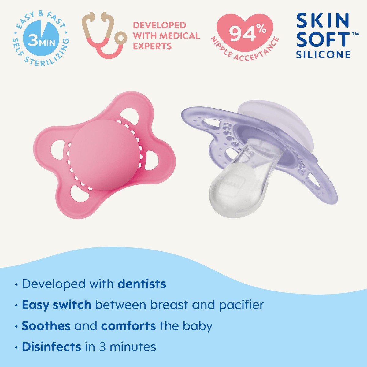 MAM Rose Pink Self-Sterilizing Silicone Pacifier Pack of 2 for