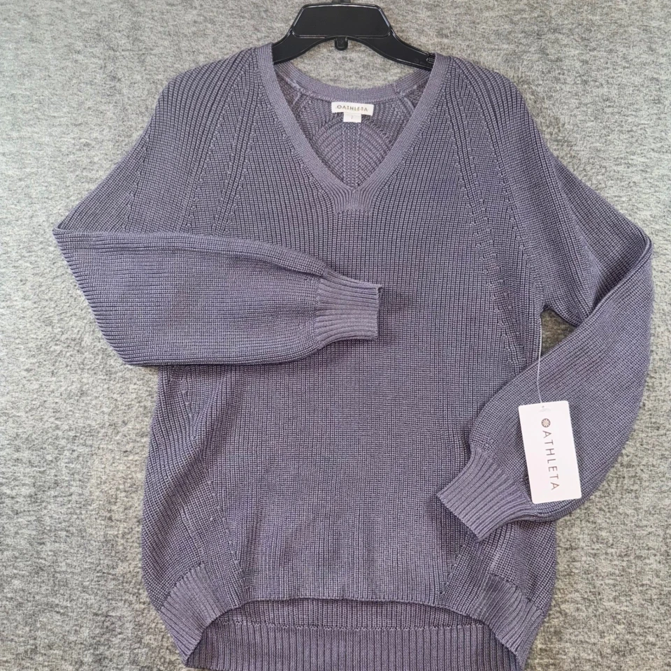 Suéter Athleta Hanover III Cuello en V Púrpura Acanalado Tejido Mezcla Lana Merino Talla S NUEVO Foto 2 de 4