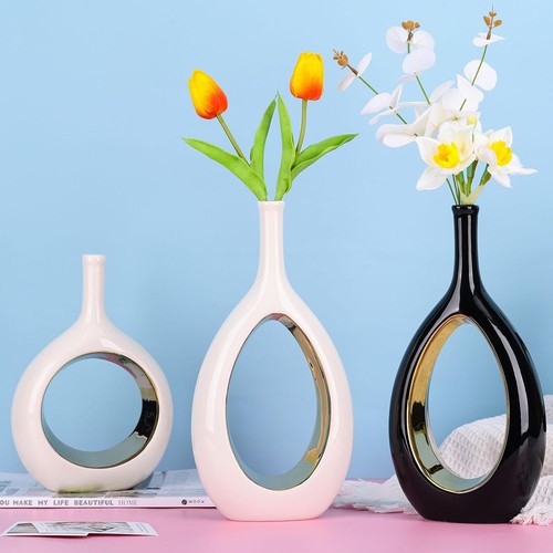 Weiß und Gold Vase Keramik weiße Vasen Wohndeko, modern minimalistisch Kreis mit - Bild 7 von 13
