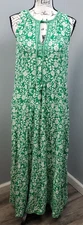 Max Studio Maxi Dress Womens Medium Green White Floral Rayon Sleeveless Tie Neck