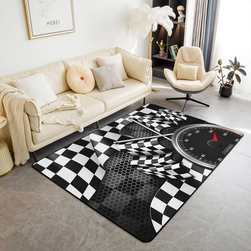 Racing Car Theme Area Rug 3'X5'(100Cmx150Cmx1Cm), Black White Checkered ...