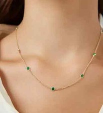 Round Cut 2 Ct Simulated Emerald Chain Necklace 18" 14K Gold Plated Gift For Her