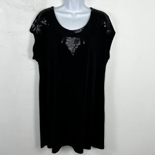 Elle Sheath Dress Sz L Black Short Sleeve Sequin Neck Midi Soft Glam NEW