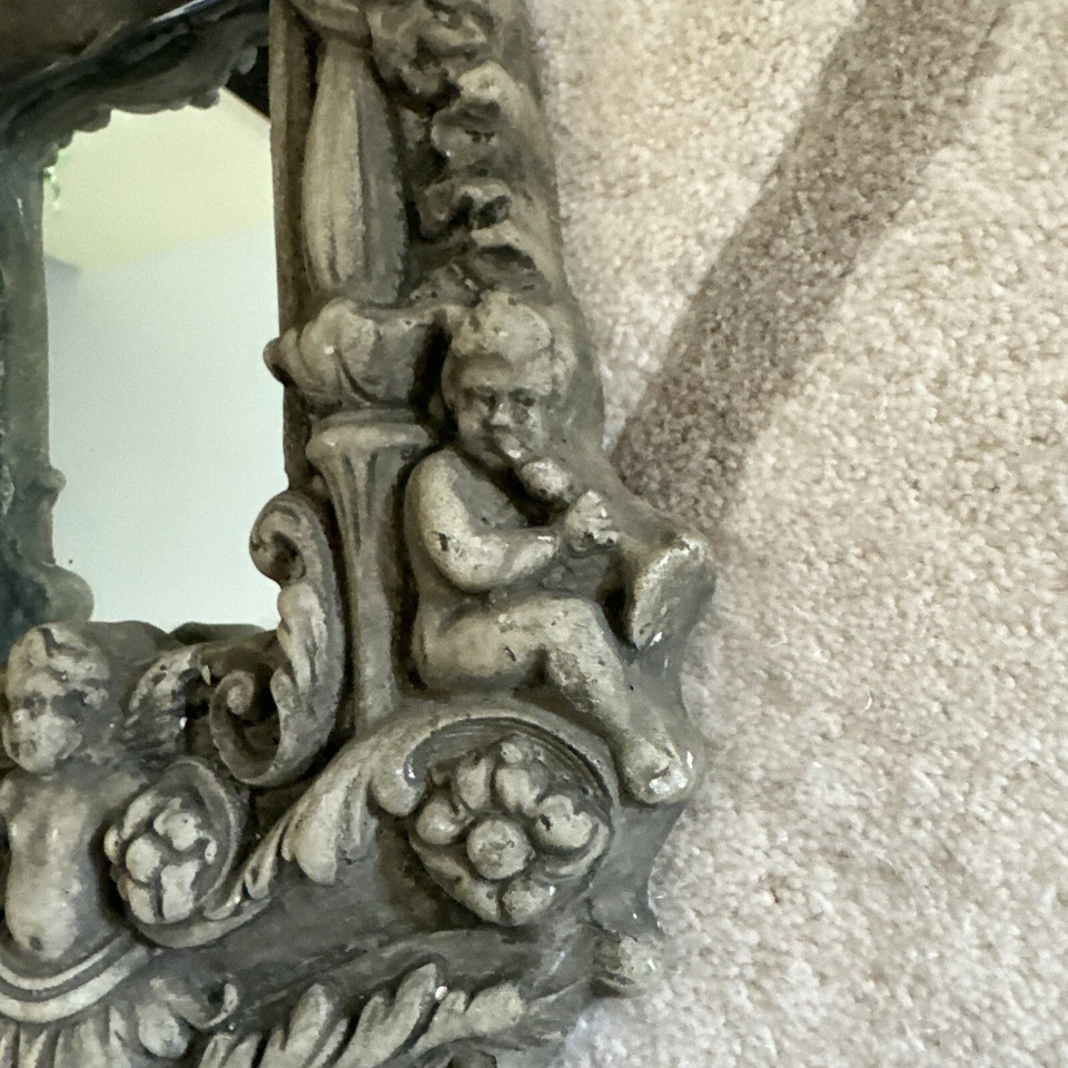 Espejo de pared vintage de jardín con flores de rosas querubines de hormigón 3D desgastado 13x9 Foto 3 de 4