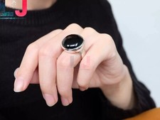 Black Onyx Ring 18mm Rounded Black Ring 925 Sterling Silver Statement Ring LJ39
