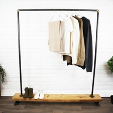 Clothes Rail Rack Industrial Metal Raw Steel & Brass Pipe Solid Wood Base Rustic