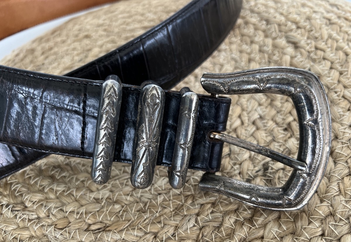 Brighton Rhinestone Detailed Croc Embossed Leather Belt Vintage Brighton Leather Concho Belt With Charms, Embossed  main image 3