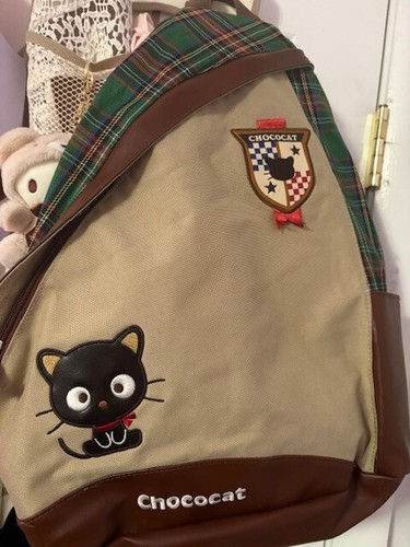 Rare! Sanrio CHOCO CAT Sling Bag Backpack Green Tartan Plaid Brown 2011