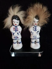 Two Vintage Ceramic Clay Intuit Eskimo Children with Fur Figurines