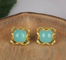 18k Gold Plated 925 Silver Aqua Chalcedony Gemstone Party Wear Stud Earrings