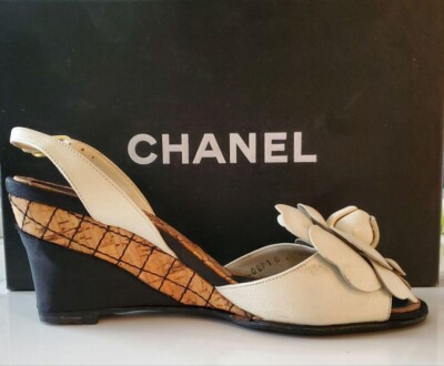 CHANEL Camellia COCO MARK Wedge Sole Sandals Mules Pumps