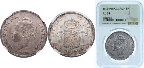 Spain 1893 PGL 5 Pesetas Silver 900 NGC AU 55