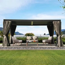 Aluminium Louvered Pergola 12'×16'w/Adjustable Roof,Curtains, Net,(Brown)