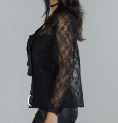 Lipsy Black Lace Blouse Shirt 10 Pussy bow Long sleeve Top Lace Sexy Work Office - Picture 11 of 16