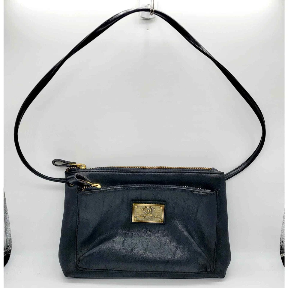 Mini bolso de hombro vintage Esprit De Corp de cuero genuino negro con logotipo placa Foto 2 de 4