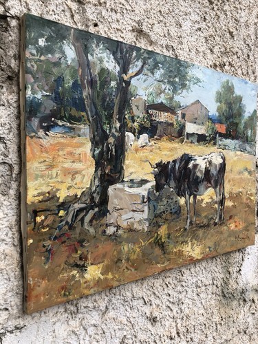 Quadro -Paesaggio Con Mucca- dipinto a olio su tela - Imagen 4 de 11