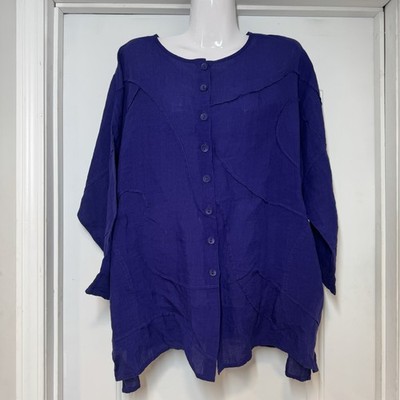NWT Cheyenne Linen Top XS Purple Button Front Appliqué Floral Lagenlook Oversize