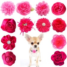 12pcs Rose pink Dog Collar Bows and Flowers Attachment for Girls Puppies Cats...