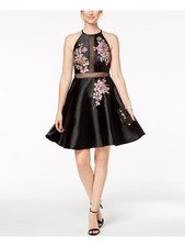 XSCAPE Womens Black Embroidered Illusion Sleeveless Halter Party Dress 6