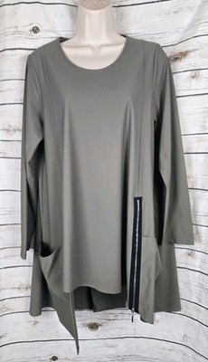 Jason by Comfy USA Olive Tunic Top M Nylon Blend Asymmetrical Zip Lagenlook