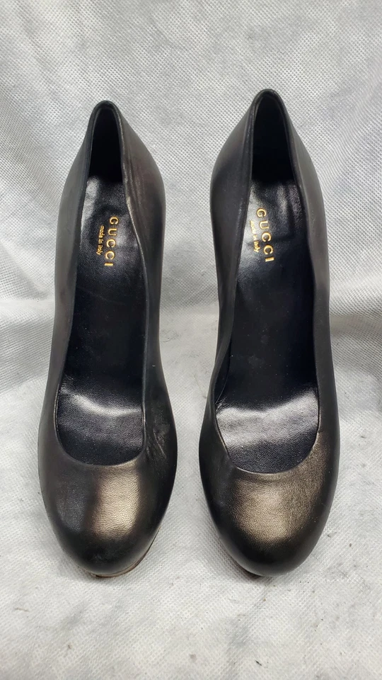 Sapatos femininos Gucci tamanho 37 EUA 6 couro preto salto alto plataforma - Imagem 2 de 4