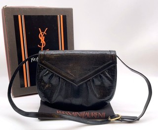 Auth Yves Saint Laurent Lizard Embossed Leather Black ShoulderBag W/B/D NS080481