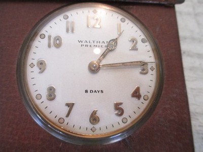 Vintage Waltham Premier 8 Day Travel Clock - Leather Case - Non