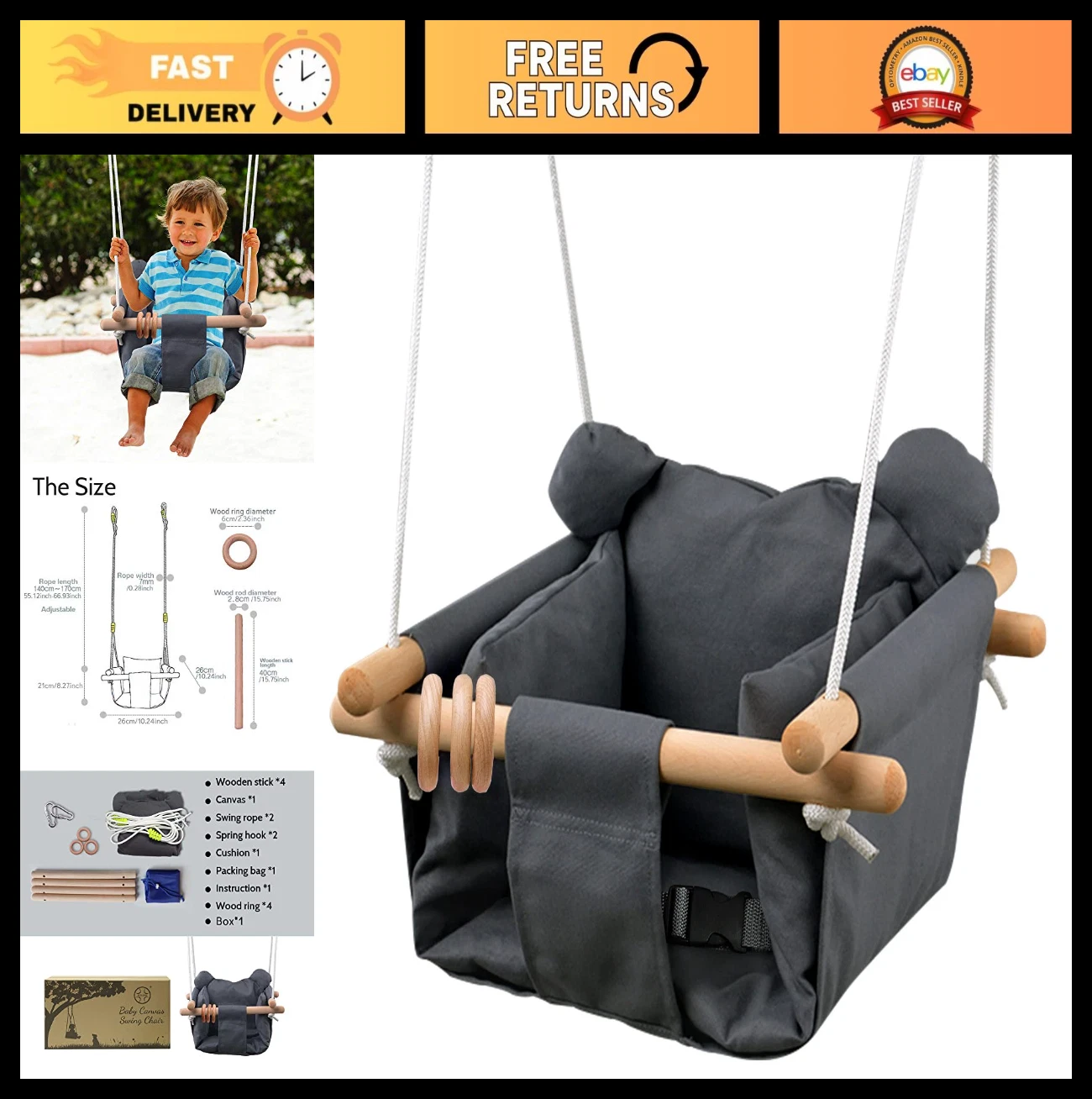 Toddler Canvas Hanging Swing Seat - Secure Indoor/Outdoor Hammock Toy - Grey