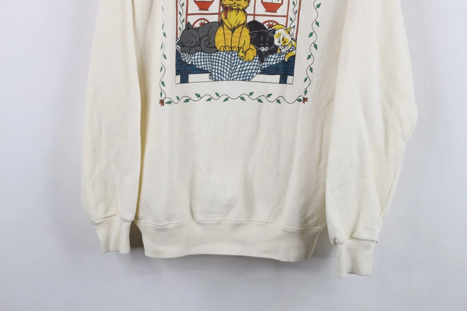 Moletom vintage anos 80 anos 90 streetwear feminino L House gato gatinho gola redonda creme EUA - Imagem 3 de 4