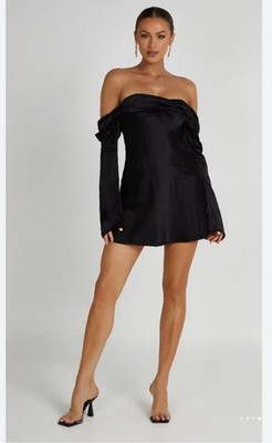 Meshki Giselle Off Shoulder Satin Mini Dress Black Size: XS NWT