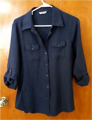 Ci Sono Wovens Navy Blue Textured Button Down Blouse w/Opt Rollup Sleeves-M