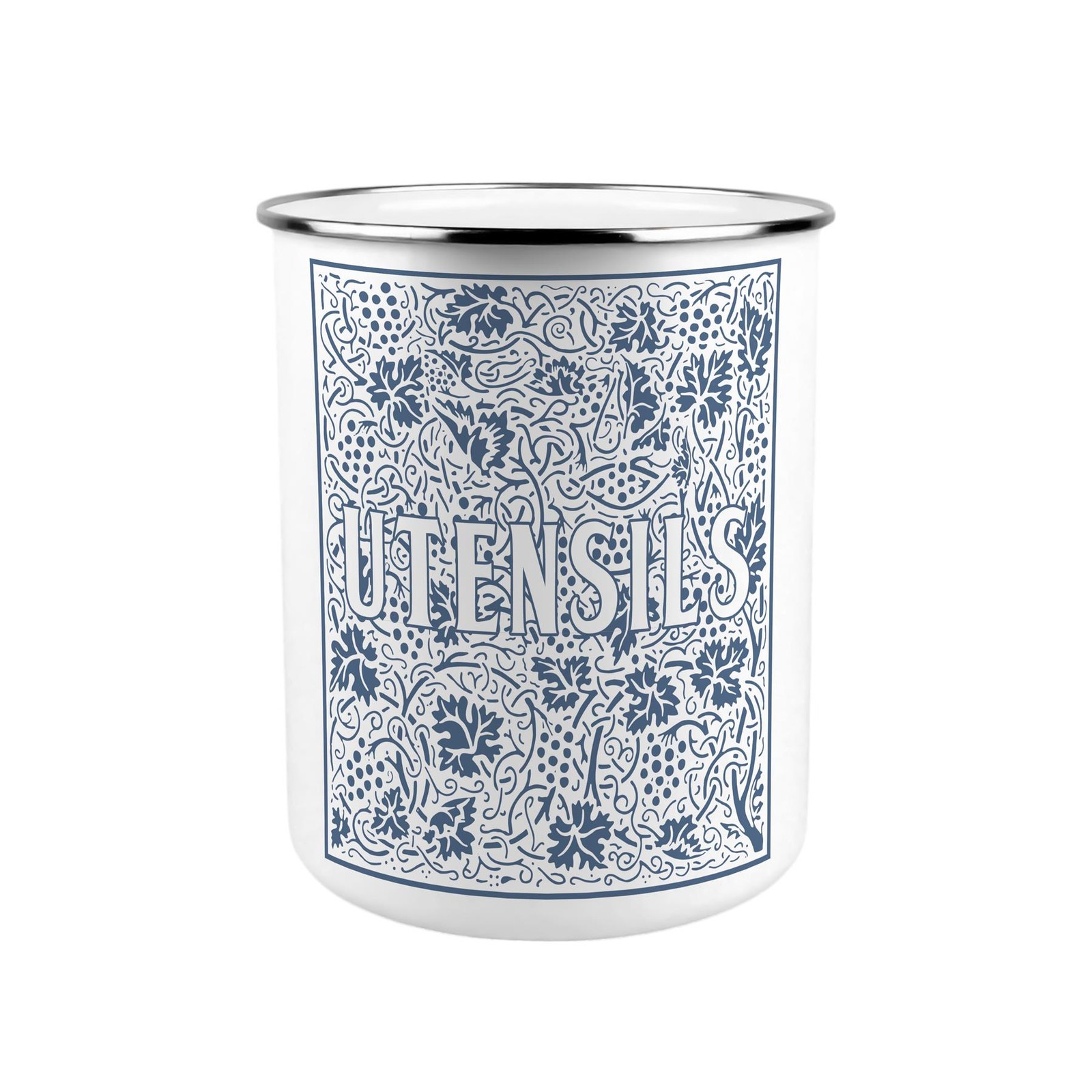Blue Oak Leaves & Berries Utensil Pot - Enamel XL Kitchen Organiser Decor Gift