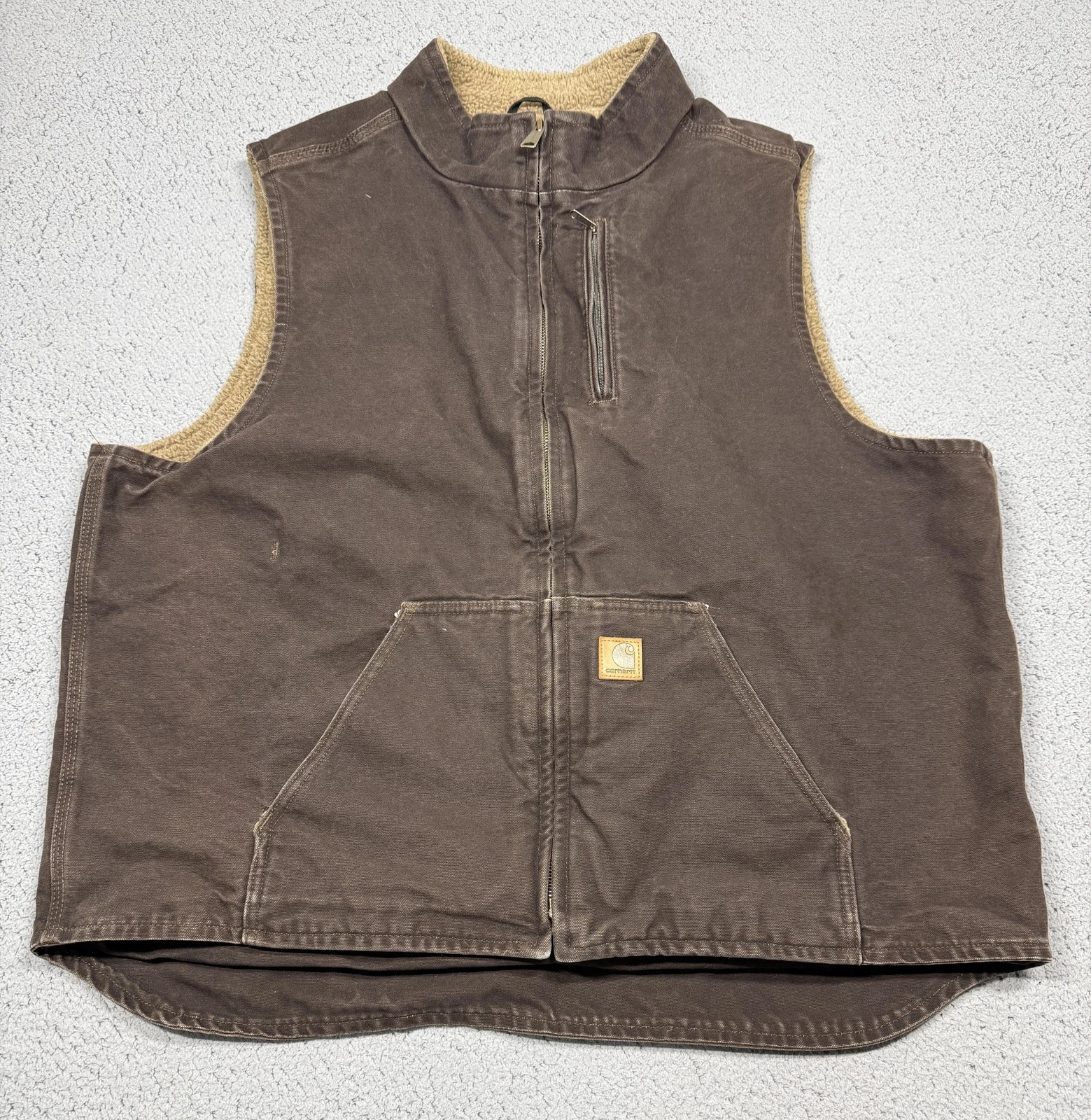 Carhartt Vest Mens 2XLT Brown Canvas Sherpa Lined Insulated Workwear V33 DKB