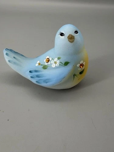 Fenton Custard Glass Blue Bird With Swarovski Crystals Signed C. Smith