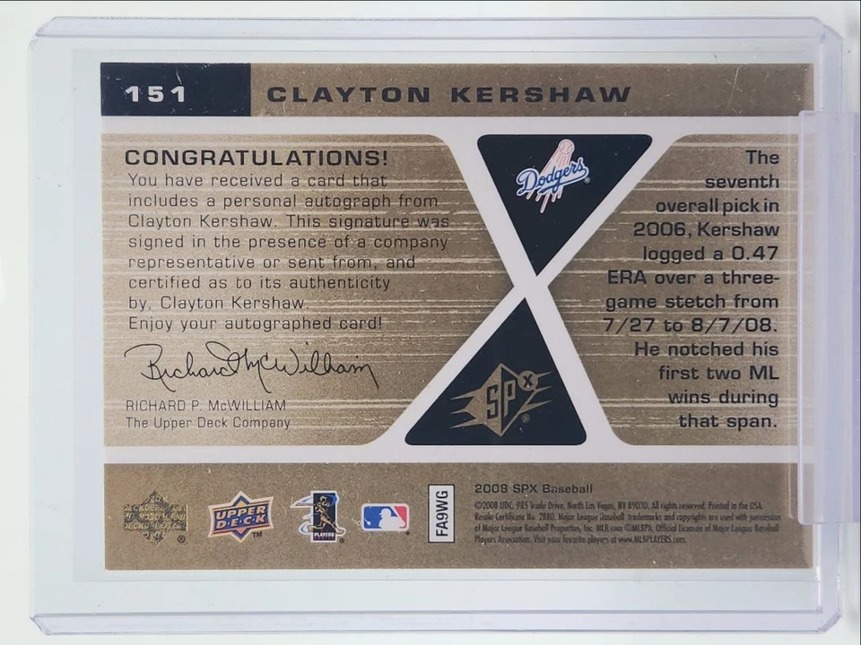 CLAYTON KERSHAW 2008 UD SPX RPA ROOKIE PATCH AUTOGRAPH RC AUTO Q4408 - Image 2 of 2