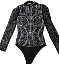 NEW Black with Rhinestones Leotard Women's Long Sleeve Mesh Figure Skating