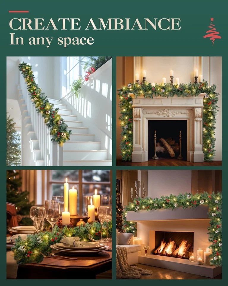 Guirnalda de Navidad prelit de 9 pies guirnalda de pino a batería con 50 luces LED Foto 4 de 4