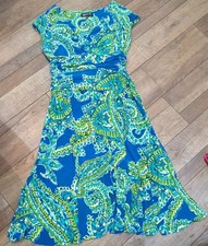 Jones New York Sleeveless Dress sz 14 Blue Green Women's Long Sinched Waist 