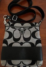 Coach Signature File Bag Crossbody Purse Nylon  Canvas Gray With Black C