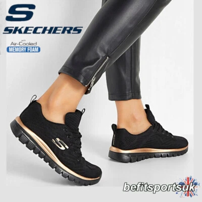SKECHERS WOMENS SHOES BLACK LADIES SKETCHERS MEMORY FOAM WALKING GYM TRAINERS
